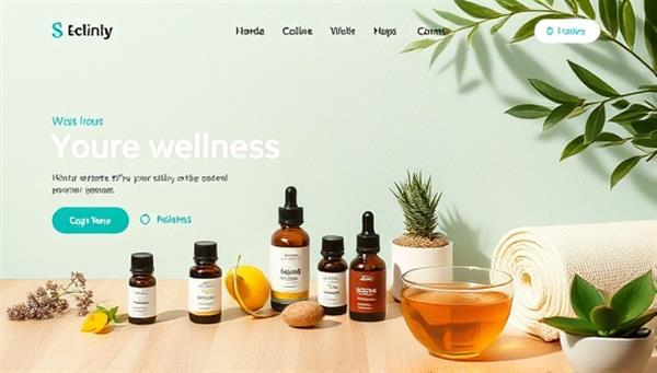An aesthetically pleasing website mockup showcasing various wellness products like essential oils, yoga mats, and herbal teas, with vibrant colors and serene imagery to evoke a sense of tranquility and balance.