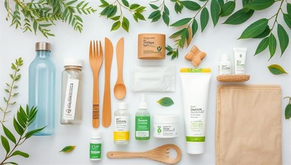 An aesthetic flat lay of eco-friendly products like reusable water bottles, bamboo utensils, natural skincare items, and biodegradable packaging materials arranged in a nature-inspired setting, conveying the essence of sustainable living and environmental consciousness promoted by GreenLiving Essentials.