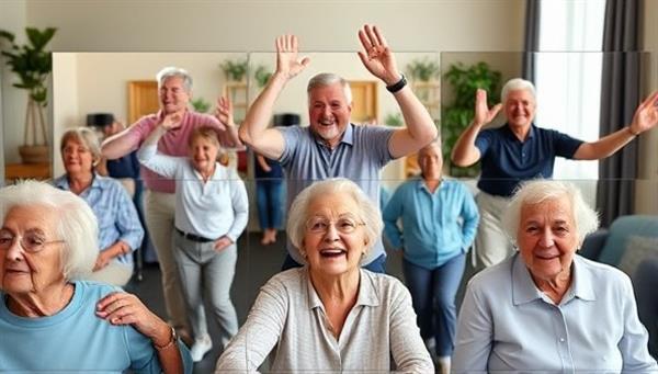 An online community gathering of elderly individuals participating in a virtual exercise class, sharing laughter and camaraderie through video calls, showcasing the joy and connection fostered by the GoldenConnections platform.