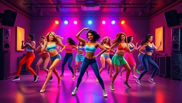 A lively dance studio setting with digital avatars of dancers showcasing energetic and diverse dance moves, surrounded by colorful lights and music speakers, creating a vibrant and dynamic dance fitness atmosphere that inspires movement and joy.