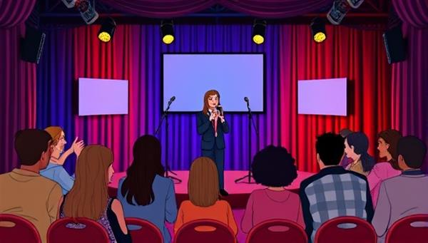 An animated virtual comedy club stage with comedians performing live, audience members laughing and interacting through chat, creating a lively and engaging online comedy club experience.