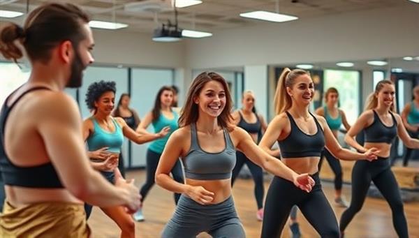 An energetic virtual fitness class scene with participants following a virtual trainer