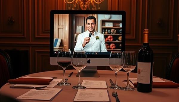 A virtual wine tasting setup with a sommelier guiding a tasting session through a selection of premium wines, displayed on a elegant table setting with tasting notes, wine glasses, and a computer screen showcasing the live interactive session, creating a sophisticated and immersive wine experience for subscribers of VinoVirtuoso.