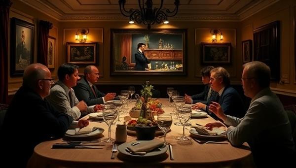 A split-screen view of a dining room set up for a virtual mystery dinner theater, with actors in character interacting with online participants, creating an immersive and engaging theatrical experience.