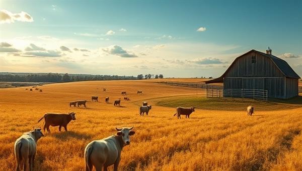 A captivating farm landscape captured by a talented photographer, showcasing golden fields, grazing livestock, and a rustic barn under a picturesque sky, symbolizing the beauty and essence of agricultural storytelling and visual content creation, inspiring connection and engagement.