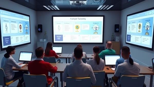 An immersive digital classroom environment with virtual screens displaying course materials, interactive exercises, and a diverse group of avatars engaging in a collaborative learning experience, illustrating the adaptive and engaging nature of SkillCraft Academy.