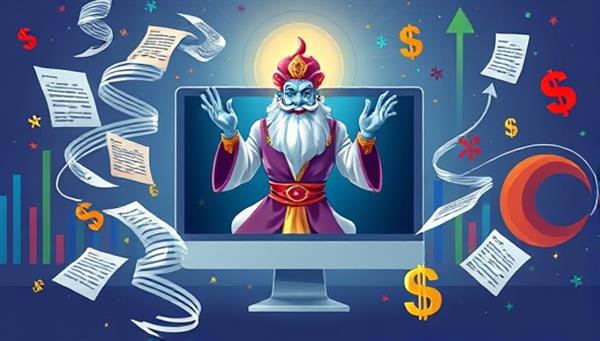 An imaginative visualization of a magical genie emerging from a computer screen, surrounded by swirling grant application documents and colorful dollar signs, symbolizing guidance and financial assistance.