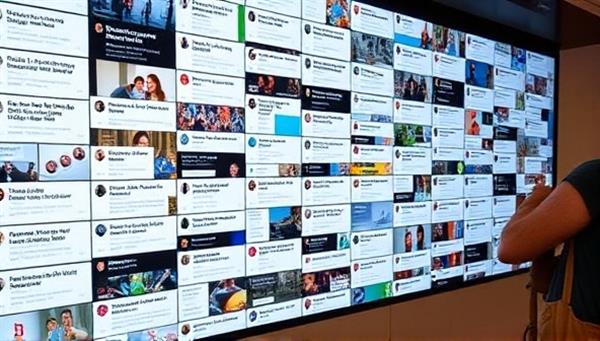 An interactive digital wall displaying a mosaic of user-generated content snippets, hashtags, and images from various online platforms, showcasing the diverse and dynamic nature of content available on CommuniMerge.