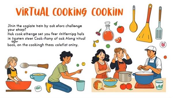 An engaging social media post featuring a virtual cooking challenge announcement, colorful illustrations of ingredients, cooking utensils, and a diverse group of participants cooking together online, inspiring others to join the Cook-Along Tribe community.