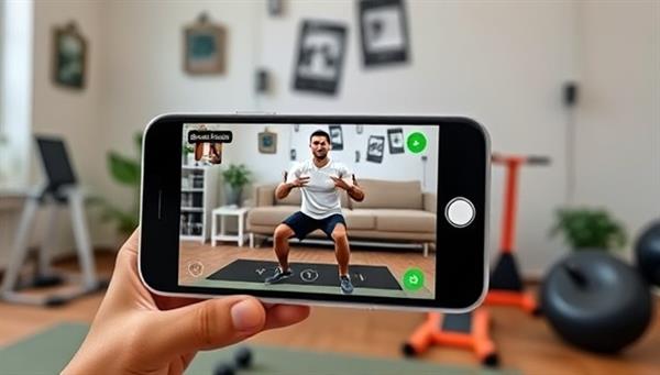 A smartphone displaying a virtual workout session with a coach guiding a user through exercises in a home setting, surrounded by fitness equipment and motivational quotes, showcasing convenience and expertise.