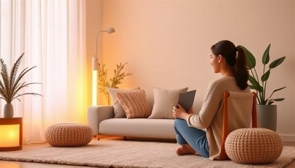 A calming virtual mental wellness space with soft lighting, relaxing decor, and a mental health coach providing virtual support and guidance to a client, illustrating the compassionate and understanding approach of virtual mental health coaching in creating a safe and supportive environment for healing.