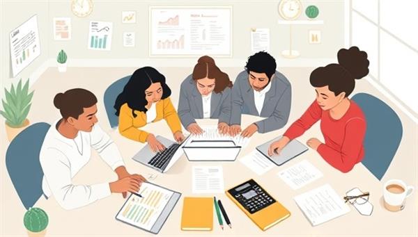 A digital illustration depicting a diverse group of freelancers collaborating on financial planning strategies, with laptops, calculators, and financial documents scattered around a virtual workspace, symbolizing community support and financial empowerment in the freelance world.