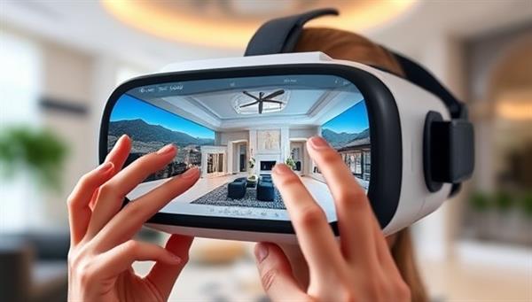 A virtual reality headset displaying a stunning 3D virtual tour of a luxurious property, with a person interacting with the tour interface, showcasing the immersive experience provided by Virtual Estate Tours.