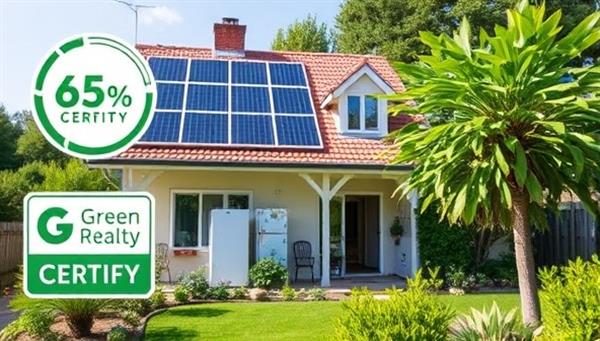 An image of a residential property with solar panels, energy-efficient appliances, and a lush green garden, showcasing the eco-friendly features that would qualify for the Green Realty Certify certification.
