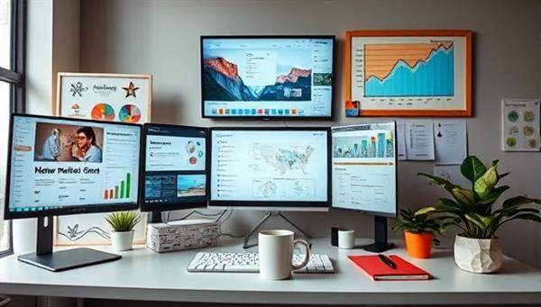 A dynamic home office setup with multiple screens displaying website analytics, a mood board with marketing campaign ideas, a coffee mug for inspiration, and a plant for a touch of freshness, symbolizing creativity and strategic thinking in digital marketing consultancy.