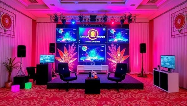 An online event planning setup featuring a virtual event space with interactive elements, digital entertainment options, and customizable themes, surrounded by festive decor and dynamic event activities, illustrating the versatility and creativity of virtual event planning services.