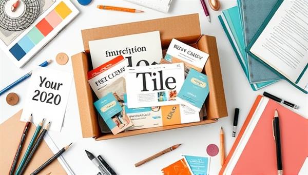 An artistic flat lay of a subscription box filled with design elements like color swatches, fonts, and website mockups, surrounded by creative tools like pencils and sketchbooks, evoking a sense of inspiration and creativity.