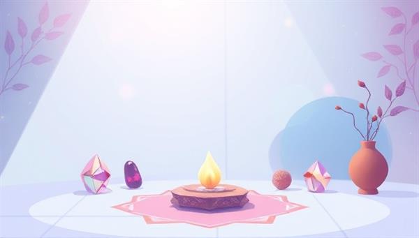 A serene digital illustration featuring a tranquil virtual space with elements like crystals, incense, and soothing colors, representing a harmonious and peaceful environment for holistic healing sessions within the online marketplace.