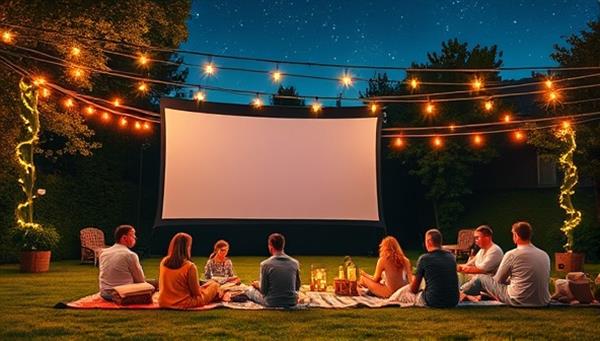 An enchanting outdoor movie setup with a large screen, twinkling string lights, picnic blankets, and families enjoying a movie night under the starlit sky, surrounded by nature and cozy ambiance, creating a magical and memorable outdoor cinematic experience.