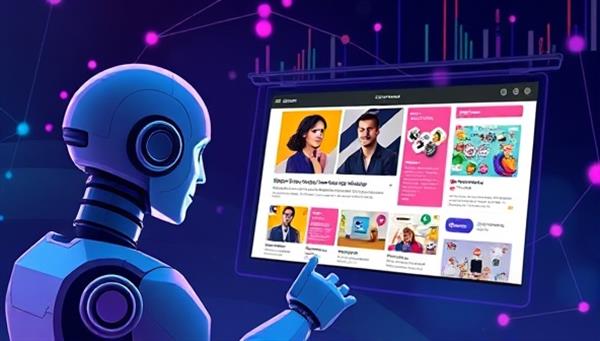 An AI-powered virtual assistant creating dynamic and personalized ads in real-time, with colorful visuals and engaging copy tailored to different consumer segments, highlighting the platform