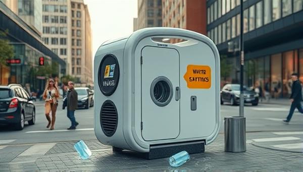 An eye-catching visual representation of a compact, solar-powered washing pod in action, showcasing the water-saving features and eco-friendly cleaning solutions, set against a backdrop of a bustling urban environment.