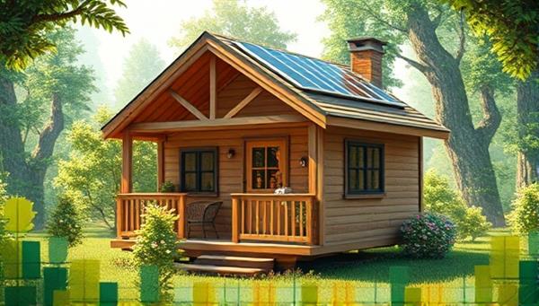An artistic rendering of a cozy, solar-powered tiny house surrounded by lush greenery, showcasing a harmonious blend of nature and modern eco-friendly design principles.