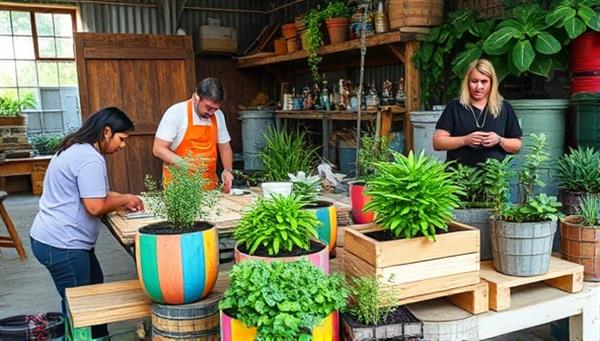 An interactive workshop setting with participants engaged in upcycling agricultural waste into planters and compost bins, surrounded by colorful reclaimed materials and greenery, illustrating the creative and sustainable aspect of the workshops.
