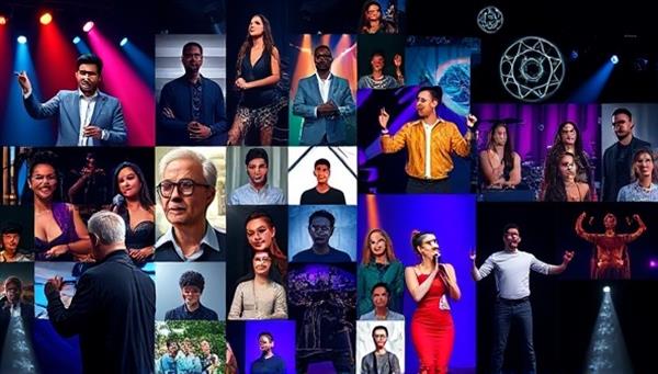 A digital graphic featuring a dynamic collage of talent performances, including musicians, dancers, artists, and speakers, overlaid with virtual networking icons and spotlight effects, symbolizing the diverse talent pool and opportunities on the platform.