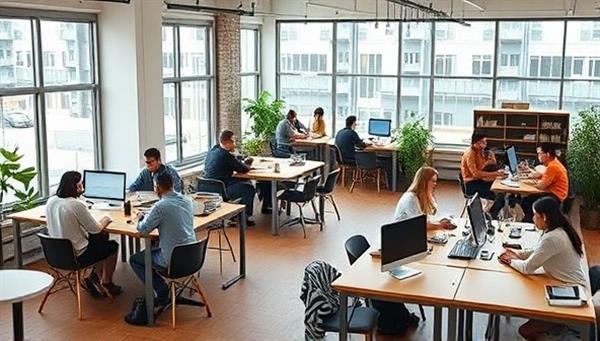 A dynamic co-working space with modern workstations, cozy cafe corners, and professionals collaborating on projects, surrounded by the aroma of freshly brewed coffee and the buzz of creative energy, creating a hub of productivity and community at Collab & Coffee Commons.