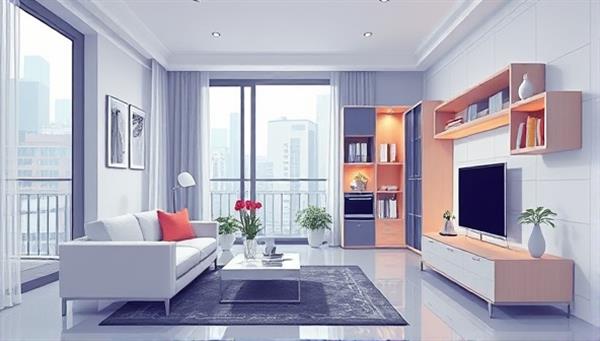 An imaginative illustration showcasing a modern urban apartment with hidden nano-storage units seamlessly integrated into the walls and furniture, showcasing the concept of space optimization and compact storage in a stylish and practical setting.
