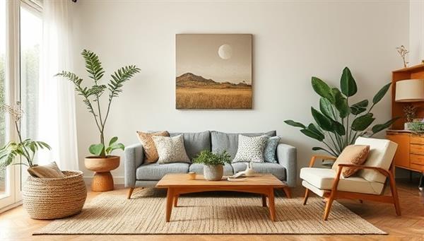An eco-friendly living room setup featuring a range of sustainable home decor items, such as recycled furniture, organic textiles, and nature-inspired accents, exuding a harmonious blend of style and sustainability in interior design.