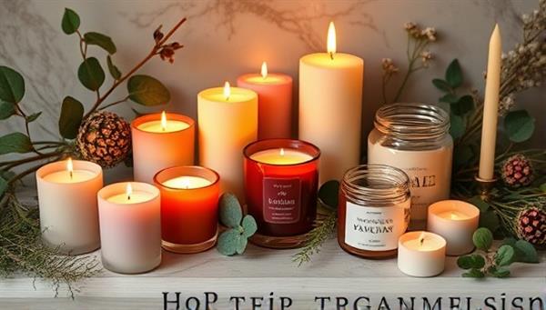 A cozy setting with beautifully crafted candles in various shapes and colors, surrounded by botanical elements and soft candlelight, creating a warm and inviting ambiance that highlights the elegance of handmade candles.