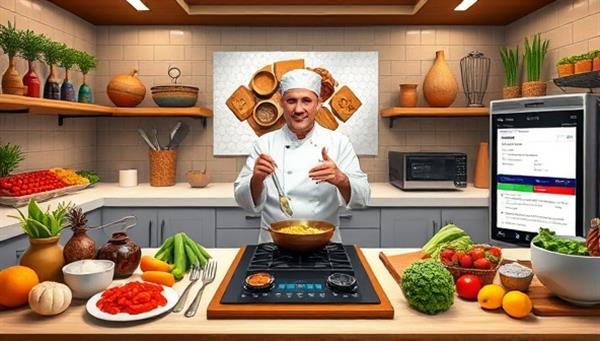 An inviting virtual kitchen setup featuring a chef demonstrating a cooking technique, surrounded by fresh ingredients, utensils, and a digital recipe display, creating a vibrant and interactive cooking environment that inspires culinary creativity.
