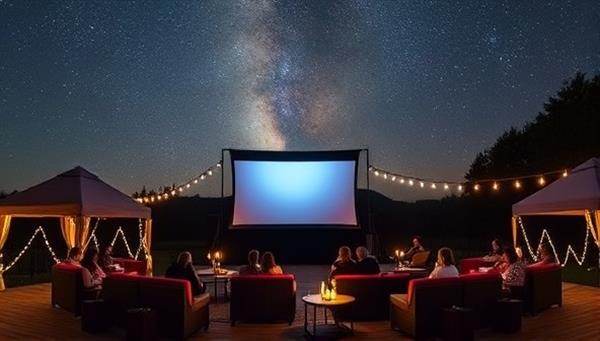 A picturesque outdoor setup with a large screen against a starry night sky, surrounded by cozy seating areas, fairy lights, and guests enjoying a movie together, creating a magical and enchanting outdoor cinema experience.