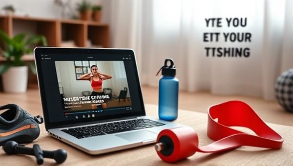 A dynamic virtual fitness coaching setup with a laptop displaying workout videos, fitness equipment, water bottle, and motivational quotes in a home environment, inspiring a sense of energy, health, and commitment to fitness goals.