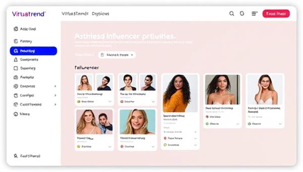 An engaging visual representation of a digital marketplace interface with virtual influencer profiles and collaboration opportunities, showcasing the seamless booking process and diverse influencer options available on VirtuaTrend.