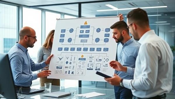 An office setting with a team of cybersecurity experts analyzing a network infrastructure diagram, discussing security vulnerabilities, and implementing protective measures, emphasizing the importance of proactive risk assessment.