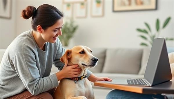 An engaging image of a pet owner interacting positively with their pet after a behavior consulting session, showcasing a harmonious relationship and the transformative impact of professional behavior guidance, with a virtual behaviorist providing advice in the background.