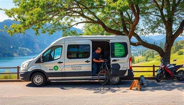 An image of a mobile bike repair van parked in a scenic location, with a mechanic working on a bike under a shady tree, surrounded by tools and spare parts, illustrating convenience and expertise on the go.