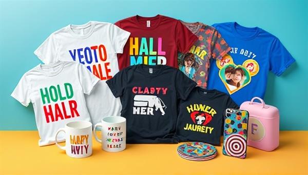A vibrant image displaying a variety of personalized merchandise items, including custom t-shirts, mugs, and phone cases, arranged in a visually appealing manner with colorful designs and trendy patterns, reflecting the diversity of customization options offered by the platform.