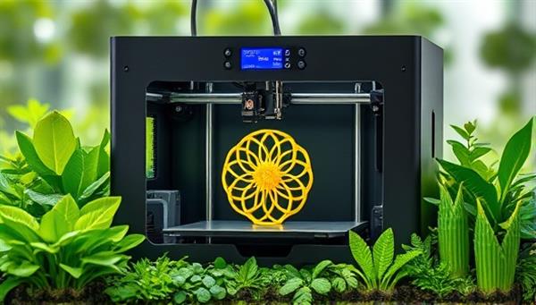 A visually appealing image of a 3D printer in action, using biodegradable filaments to create a intricate design, surrounded by lush greenery and eco-friendly symbols, highlighting the sustainable aspect of the business.