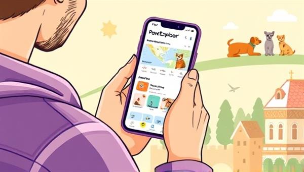 An engaging digital illustration of a pet owner using the PawsExplorer app on a smartphone to plan a pet-friendly travel itinerary, featuring pet icons, travel destinations, and accommodation options tailored for furry companions, conveying convenience and pet-centric travel experiences.