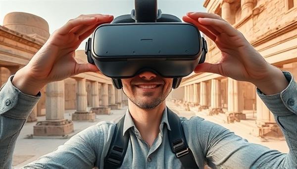 An engaging VR headset view of a virtual historical tour, with users exploring ancient ruins and artifacts in a realistic and detailed environment, capturing the essence of immersive time travel through virtual reality.