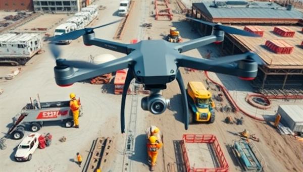 An aerial view captured by a construction drone showing a busy worksite with workers in hard hats, machinery in motion, and detailed progress tracking, illustrating the efficiency and precision of SkyBuild Solutions