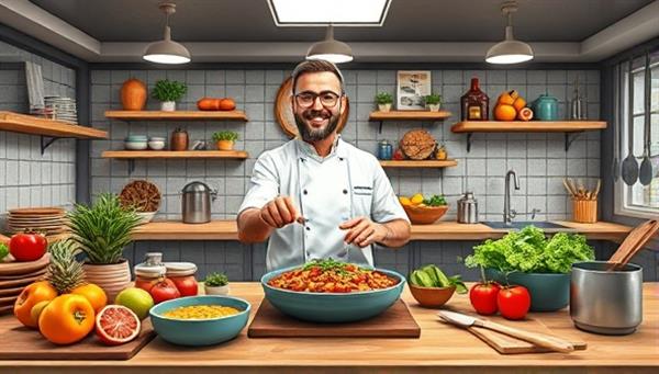 An appetizing digital scene showcasing a virtual cooking class with a chef guiding participants through a recipe, featuring vibrant ingredients, cooking utensils, and a lively kitchen setting, capturing the essence of interactive and engaging culinary experiences on CookCraft.