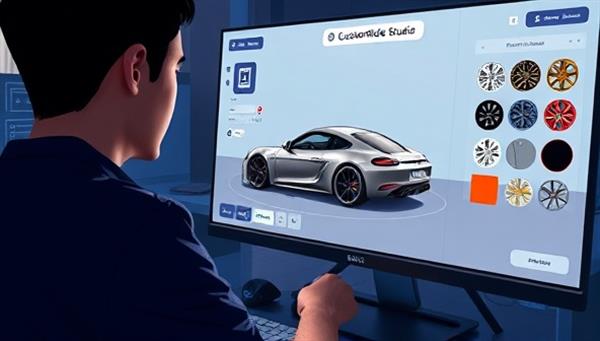 An immersive digital illustration of a user exploring the CustomRide Studio platform on a computer screen, customizing a sleek sports car with various paint colors, rims, and accessories, creating a personalized virtual vehicle design experience.