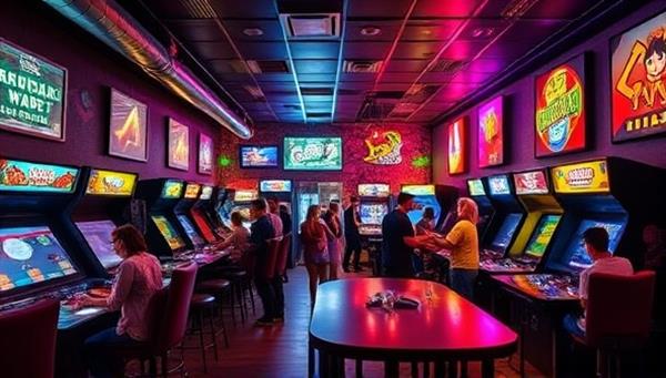 A retro-themed bar lounge filled with colorful arcade machines, neon lights, vintage video game consoles, and patrons enjoying classic games and themed cocktails, creating a vibrant and nostalgic atmosphere reminiscent of the golden age of arcade gaming at PixelPlay Retro Lounge.