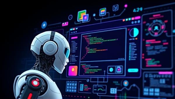 An AI-powered robot creating a digital blueprint of a website with colorful design elements and code snippets floating around, symbolizing innovation and automation in web design.