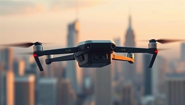 A sleek drone carrying a package mid-air against a cityscape background, showcasing futuristic delivery technology in action.
