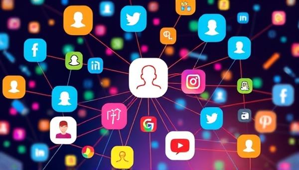 A vibrant digital illustration featuring a network of interconnected social media profiles and brand logos, symbolizing the seamless connection between influencers and advertisers on InfluenceHub.